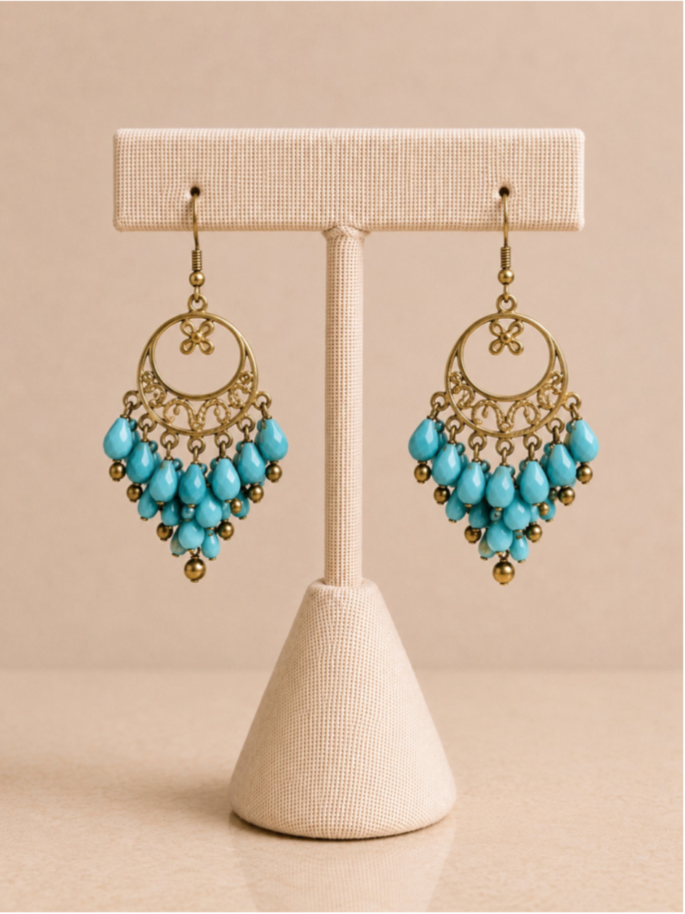 Boho Gold Tone Turquoise Beaded Chandelier Dangle Earrings Festival Statement
